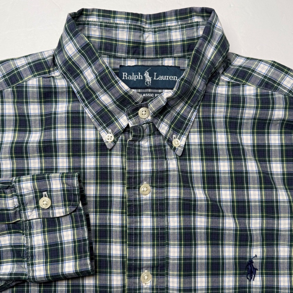 Vintage Polo Ralph Lauren Plaid Mens M Green Navy Tartan Classic Fit Long Sleeve